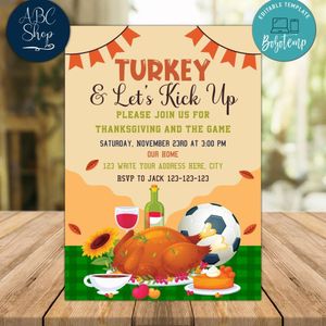 Turkey Soccer Thanksgiving Invitation Instant Download