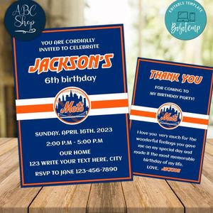 New York Mets Party Invitations and Free Thank You Card Instant Download