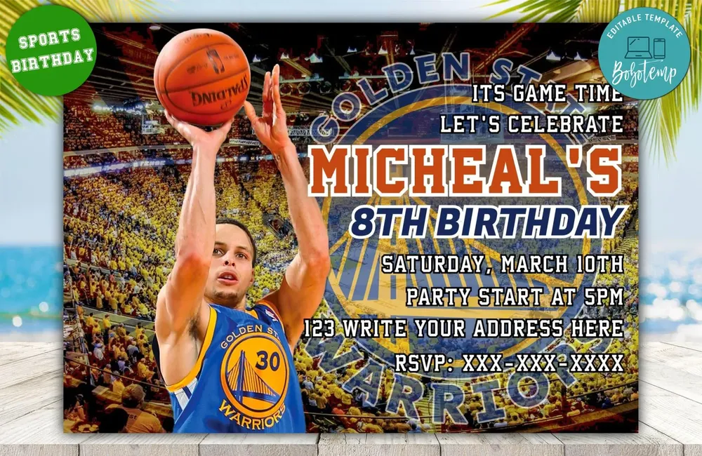 Editable Golden State Warriors Birthday Invitations DIY | Bobotemp