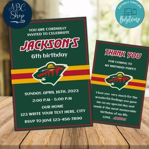Minnesota Wild Party Invitations and Free Thank You Card Instant Download