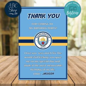 Manchester City Thank you card Template to Print at Home Instant Download