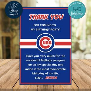 Chicago Cubs Thank you card Template to Print at Home Instant Download