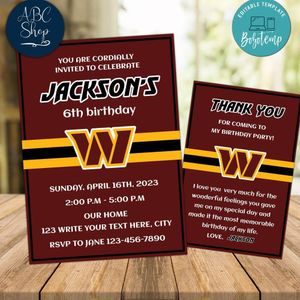 Washington Commanders Party Invitations and Free Thank You Card Instant Download