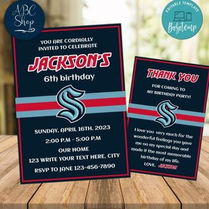 Seattle Kraken Party Invitations and Free Thank You Card Instant Download