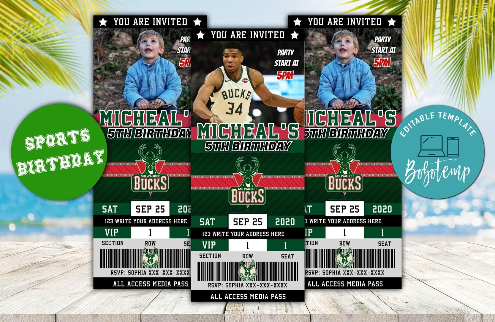 Milwaukee Bucks Basketball Ticket Birthday Editable Template Instant 