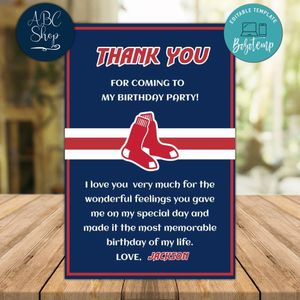 Boston Red Sox Thank you card Template to Print at Home Instant Download