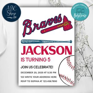 Printable Atlanta Braves Birthday Invitations Instant Download