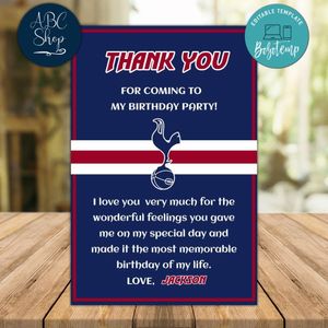 Tottenham Hotspur Thank you card Template to Print at Home Instant Download