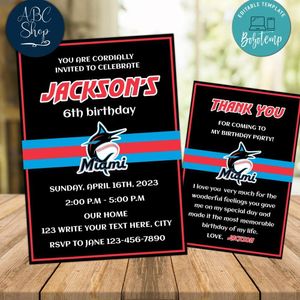 Miami Marlins Party Invitations and Free Thank You Card Instant Download