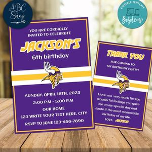 Minnesota Vikings Party Invitations and Free Thank You Card Instant Download