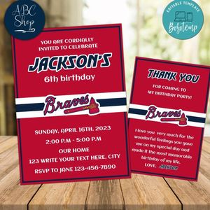 Atlanta Braves Party Invitations and Free Thank You Card Instant Download