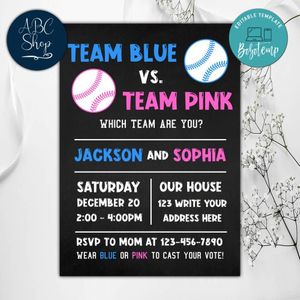 Baseball Team Pink Or Team Blue Invitation Instant Download