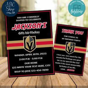 Vegas Golden Knights Party Invitations and Free Thank You Card Instant Download