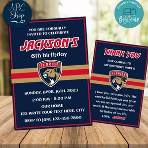 Florida Panthers Party Invitations and Free Thank You Card Instant Download