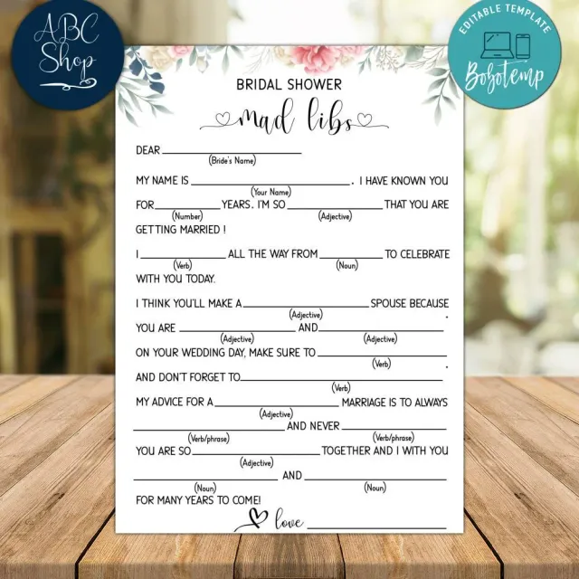 Printable Bridal Shower Mad Libs Template Funny Bridal Shower Mad Libs