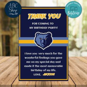 Memphis Grizzlies Thank you card Template to Print at Home Instant Download