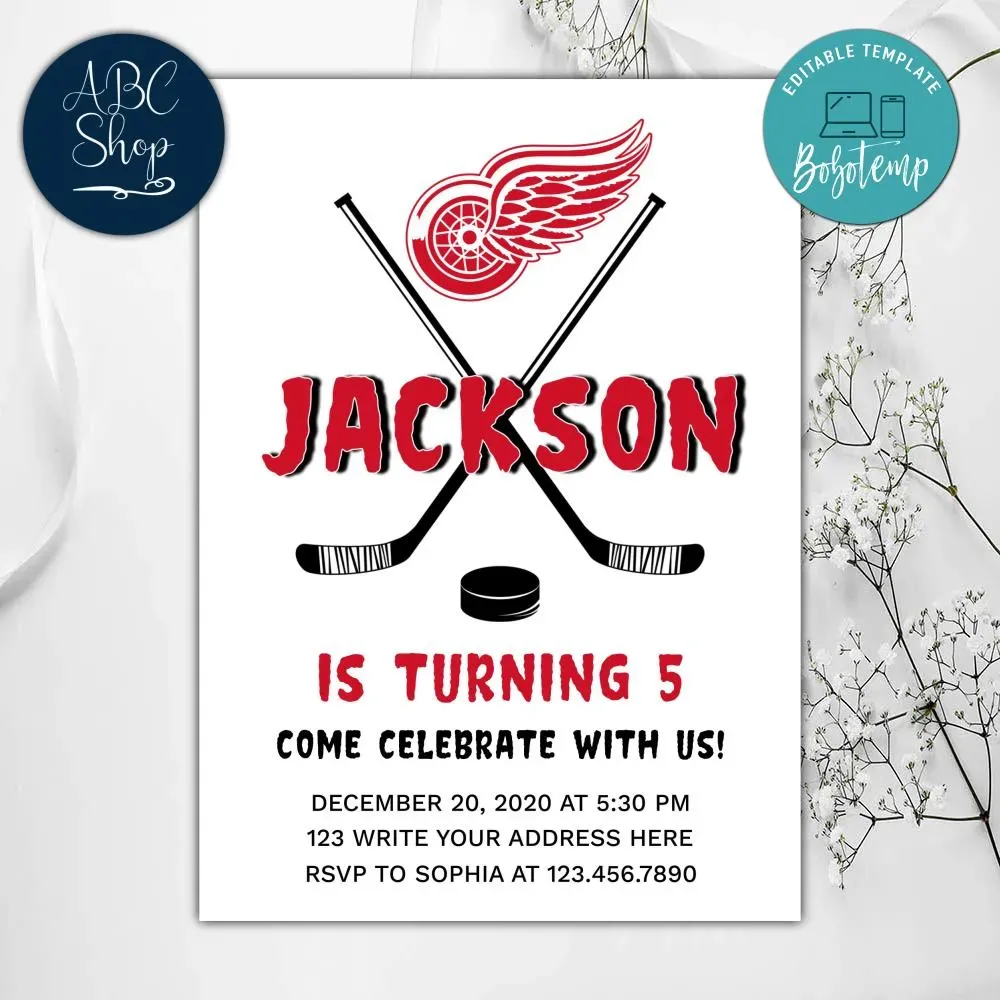 Printable Detroit Red Wings Birthday Invitation Instant Download | Bobotemp