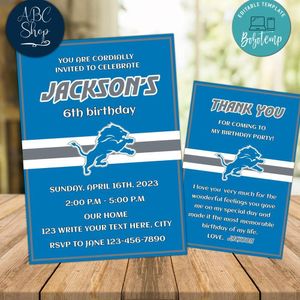 Detroit Lions Party Invitations and Free Thank You Card Instant Download