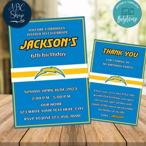 Los Angeles Chargers Party Invitations and Free Thank You Card Instant Download