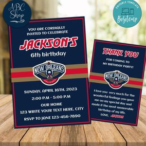 New Orleans Pelicans Party Invitations and Free Thank You Card Instant Download