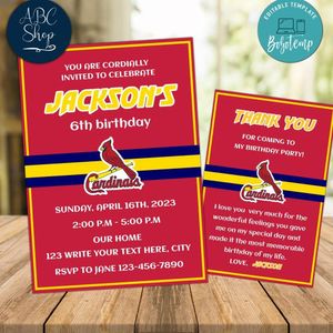 St. Louis Cardinals Party Invitations and Free Thank You Card Instant Download