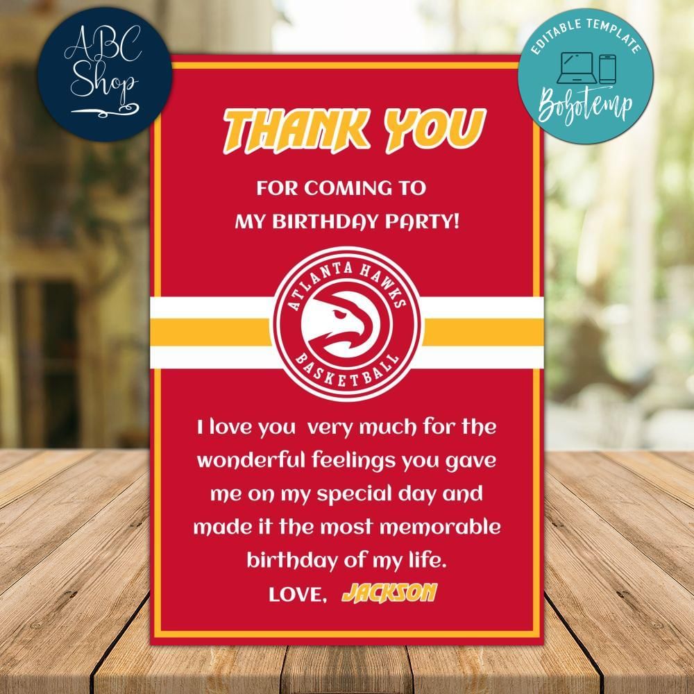 Atlanta Hawks Thank you card Template to Print at Home | Bobotemp