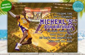 Editable Kobe Bryant Los Angeles Lakers Digital Party Invitations Instant Download