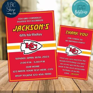 Kansas City Chiefs Party Invitations and Free Thank You Card Instant Download