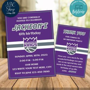 Sacramento Kings Party Invitations and Free Thank You Card Instant Download