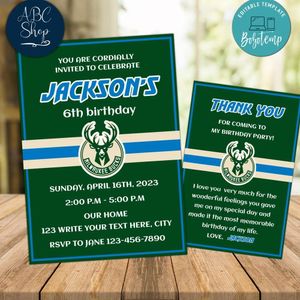 Milwaukee Bucks Party Invitations and Free Thank You Card Instant Download