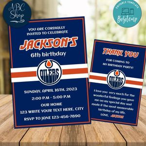 Edmonton Oilers Party Invitations and Free Thank You Card Instant Download