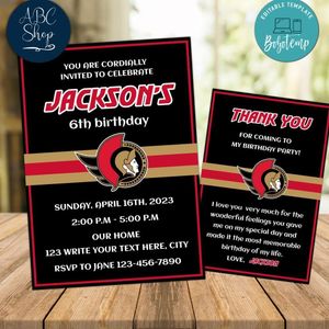 Ottawa Senators Party Invitations and Free Thank You Card Instant Download