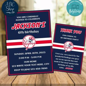 New York Yankees Party Invitations and Free Thank You Card Instant Download
