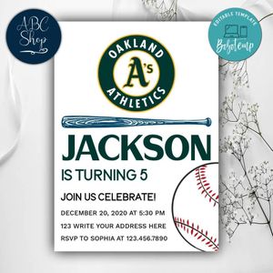 Printable Oakland Athletics Birthday Invitations Instant Download