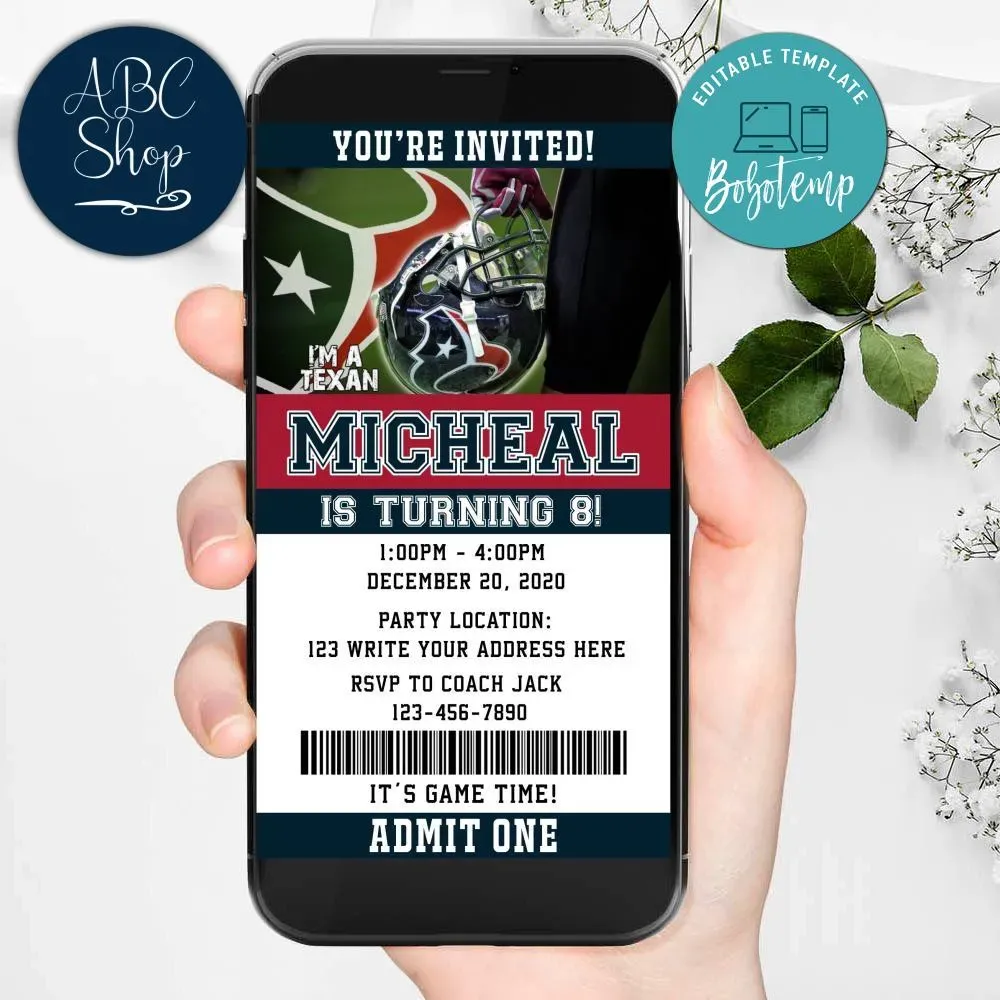 Electronic Houston Texans Electronic Invite Birthday Invitations DIY
