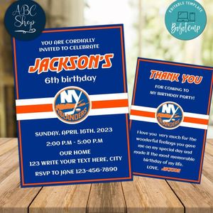 New York Islanders Party Invitations and Free Thank You Card Instant Download