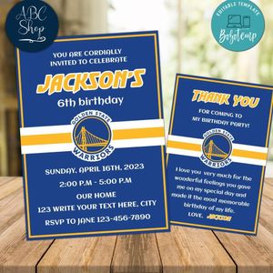 Golden State Warriors Party Invitations and Free Thank You Card Instant Download