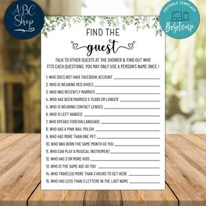 Greenery Find The Guest Bridal Shower Game Instant Download