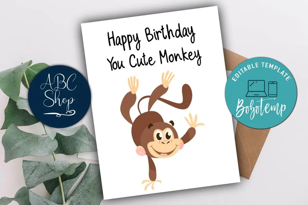 Printable Cute Monkey Birthday Card Instant Instant Download | Bobotemp