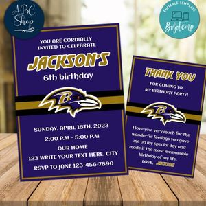 Baltimore Ravens Party Invitations and Free Thank You Card Instant Download