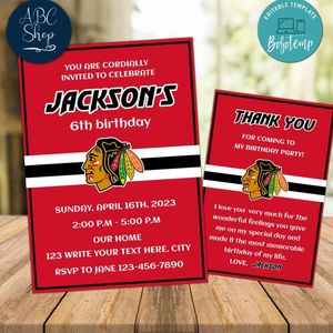 Chicago Blackhawks Party Invitations and Free Thank You Card Instant Download