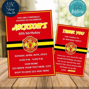 Manchester United Party Invitations and Free Thank You Card Instant Download