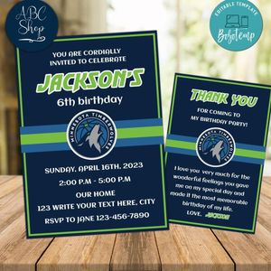 Minnesota Timberwolves Party Invitations and Free Thank You Card Instant Download