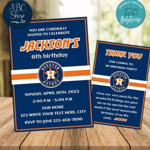 Houston Astros Party Invitations and Free Thank You Card Instant Download