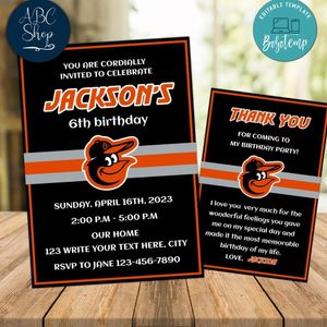 Baltimore Orioles Party Invitations and Free Thank You Card Instant Download