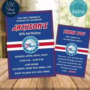 Philadelphia 76ers Party Invitations and Free Thank You Card Instant Download