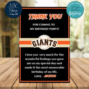 San Francisco Giants Thank you card Template to Print at Home Instant Download