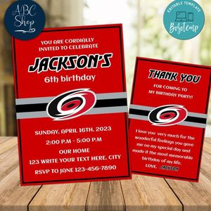 Carolina Hurricanes Party Invitations and Free Thank You Card Instant Download