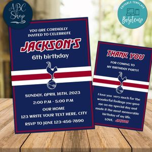 Tottenham Hotspur Party Invitations and Free Thank You Card Instant Download