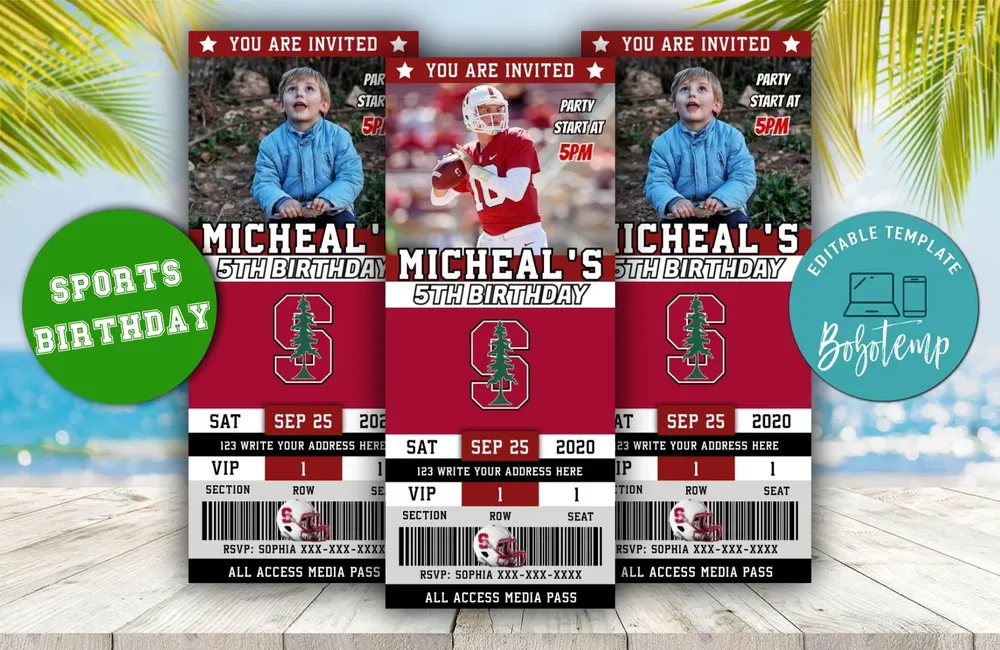Editable Stanford Cardinals Birthday Ticket Invitations DIY | Bobotemp